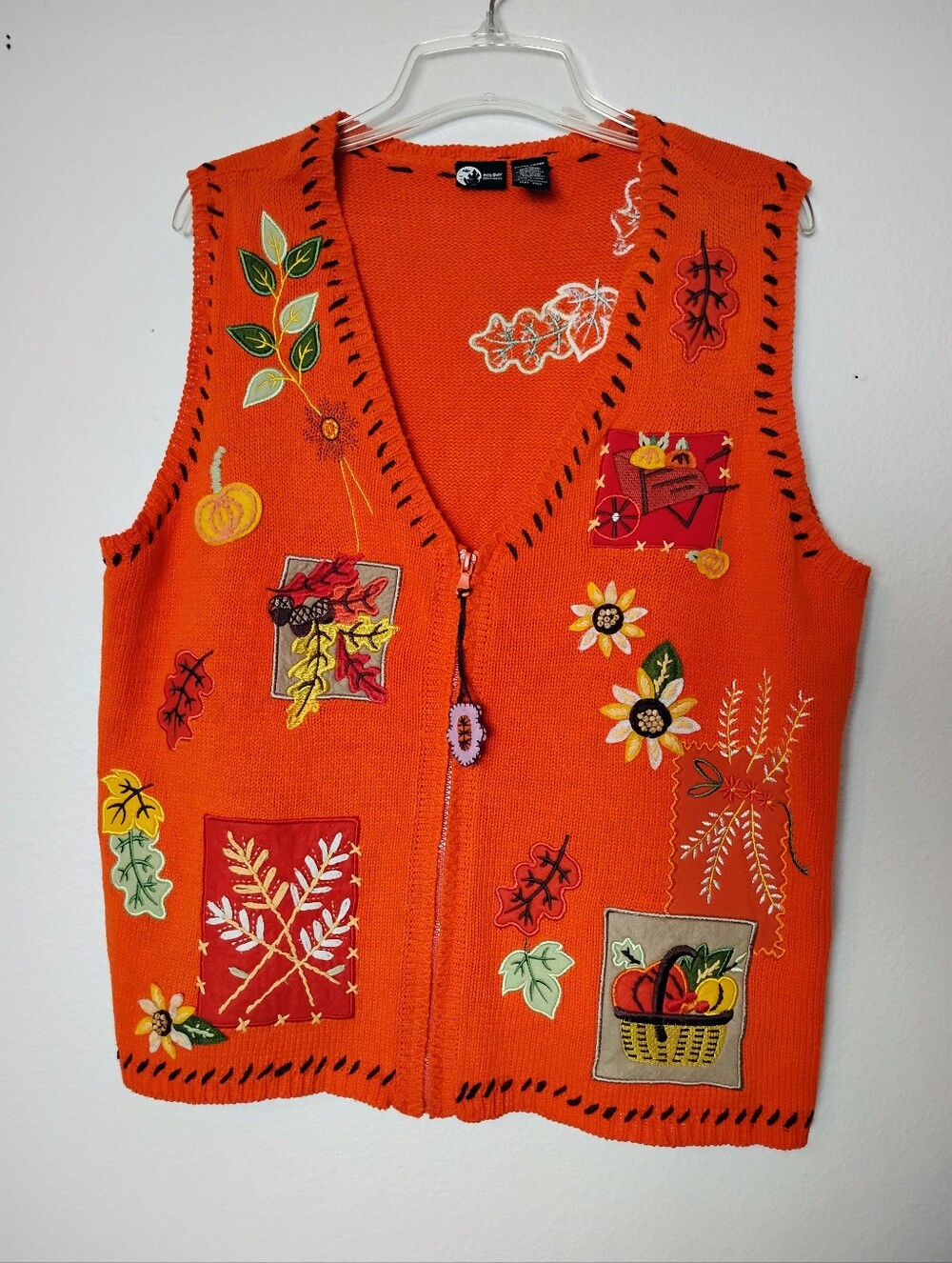 Holiday Editions Orange Fall Harvest Pumpkin Leaf Season Zip Up Vest